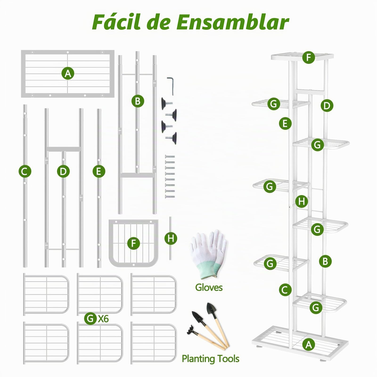 8 Niveles Soporte para Plantas de Interior con Herramientas de Jardinería y Guantes, 141cm Esquinero Estanteria para Plantas de Metal Soporte para Exterior Alto Macetero Patio Balcón, Blanco