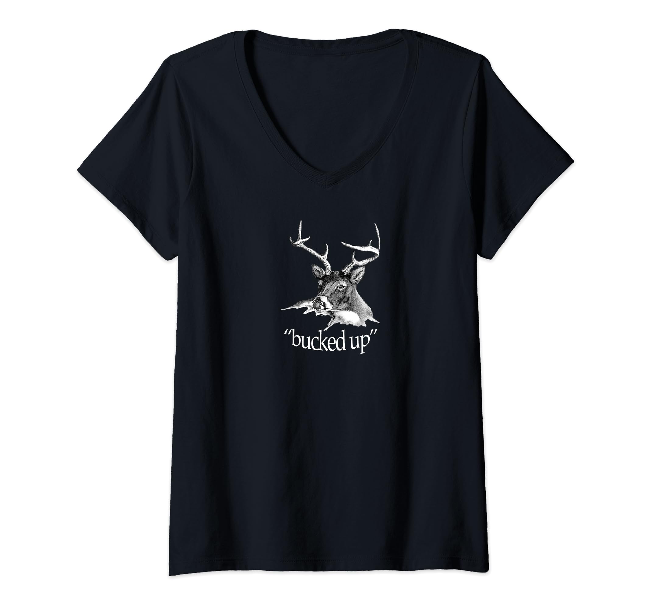 Womens Deer Image. Bucked up! Hunting. V-Neck T-Shirt