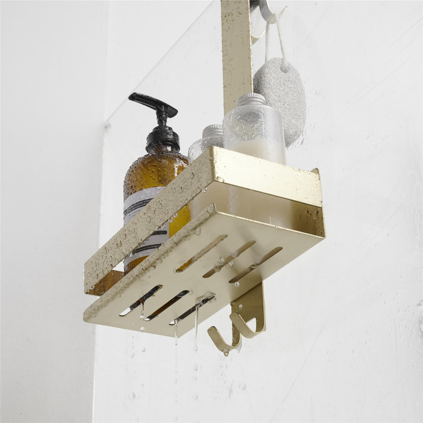 Mensola doccia da appendere oro senza foratura, gancio in acciaio inox per porta in vetro senza cornice, supporto shampoo