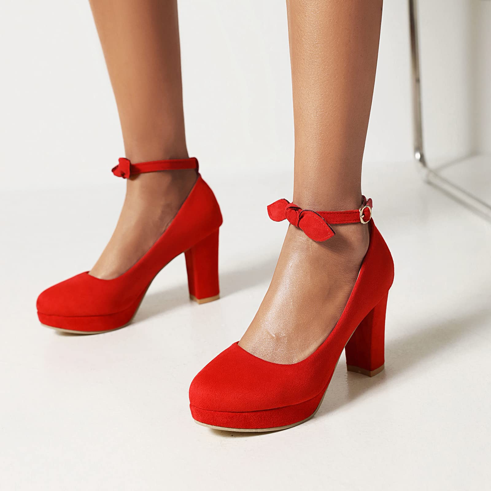 Lizoleor Mujer Punta Redonda Prom Vestido Tacón Ancho Mary Jane Correa De Tobillo Pump Bows