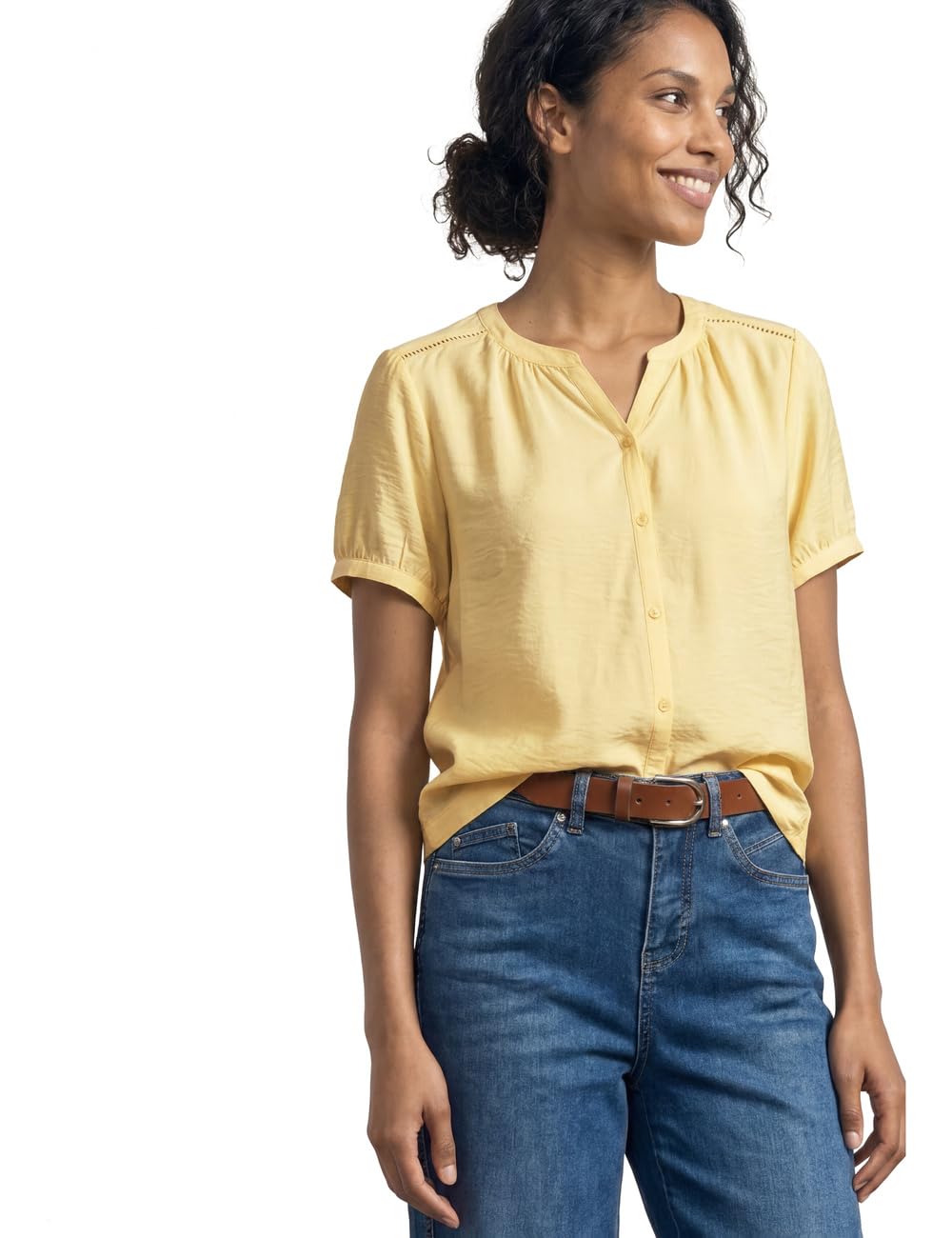 Street One Short Sleeve Blouse with Split Neck and Buttons Soft Yellow 44