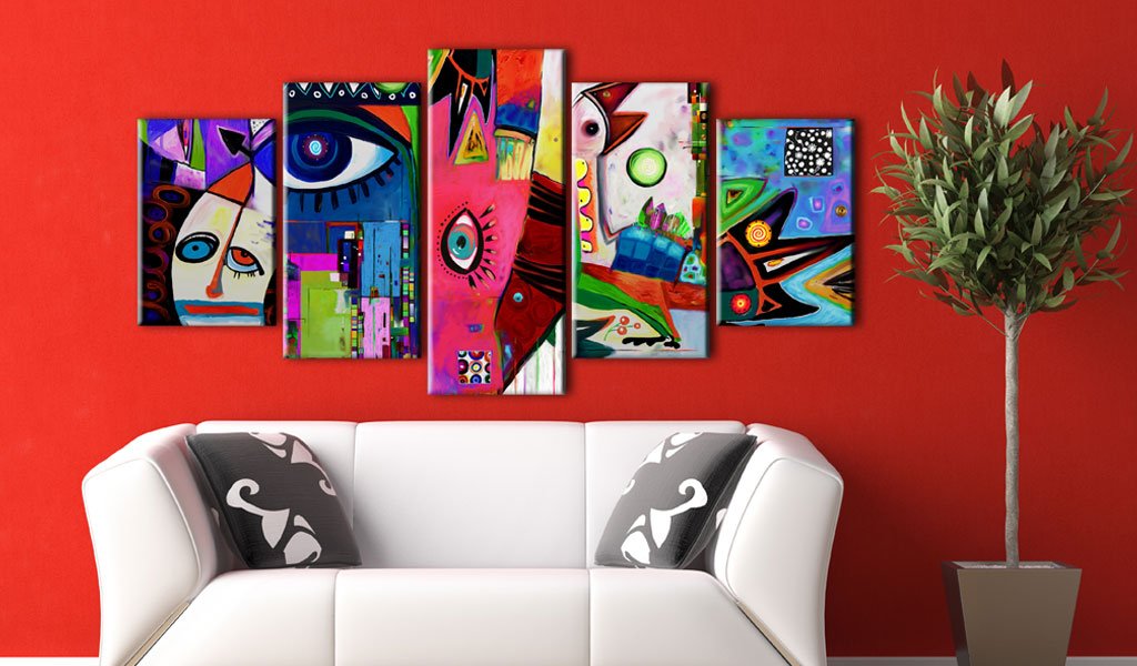 artgeist Acoustic Canvas Wall Art Colorful a'la Picasso 80x40 in - 5pcs Picture with Acoustic Foam Sound Print Artwork Room Acoustics Soundproofing Abstract Eyes a-A-0113-b-n