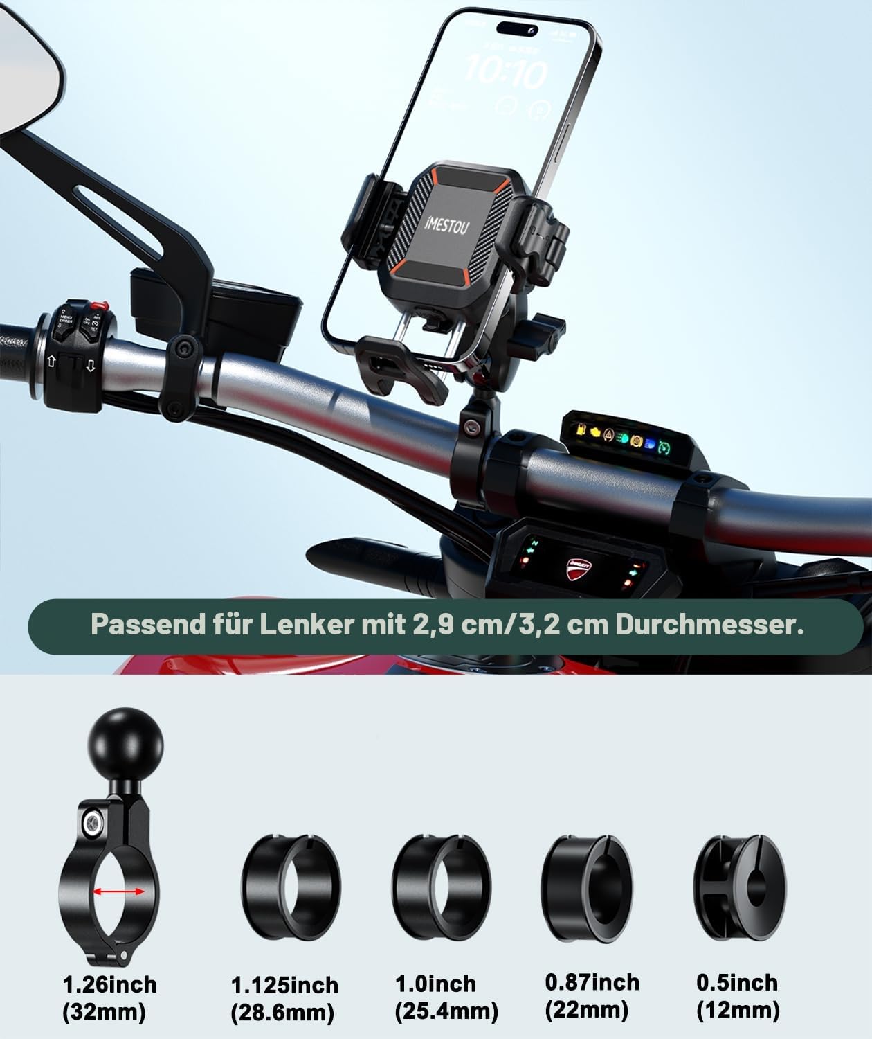 iMESTOU Kabellose USB-C Handyhalterung für Motorrad, Vibrationsdämpfend und Wasserdicht, 2,5 cm Kugel Qi Handyhalterung, Geeignet für 4,7"-7,2" mit max. 15mm Dicke Handys, Passend für 22–32 mm Lenker