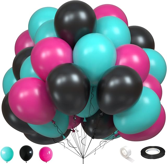 Music Party Decorations Balloons, 75 Pieces Tik Music Tok Latex Balloons Set Hot Pink Teal Tiffany Blue and Black Helium Balloons for Girls Teens 80S 90S Disco Karaoke Theme Birthday Party Decorations