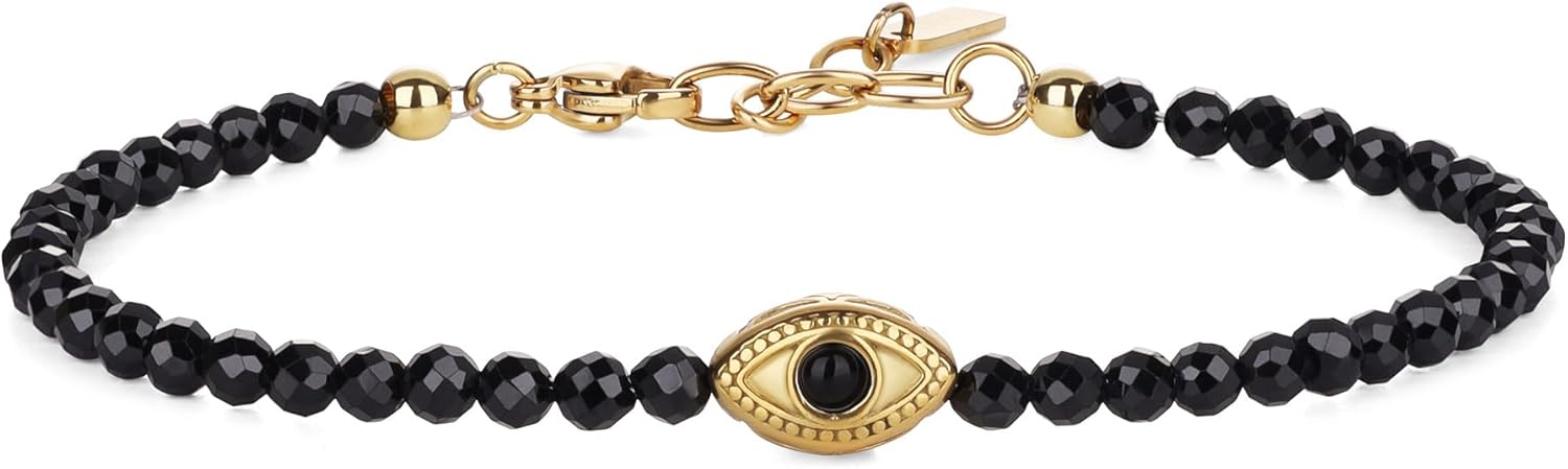 COAI Women's Crystal Bracelet, Evil Eye Bracelet for Women, 4mm Faceted Black Tourmaline/Moonstone/Lapis Lazuli