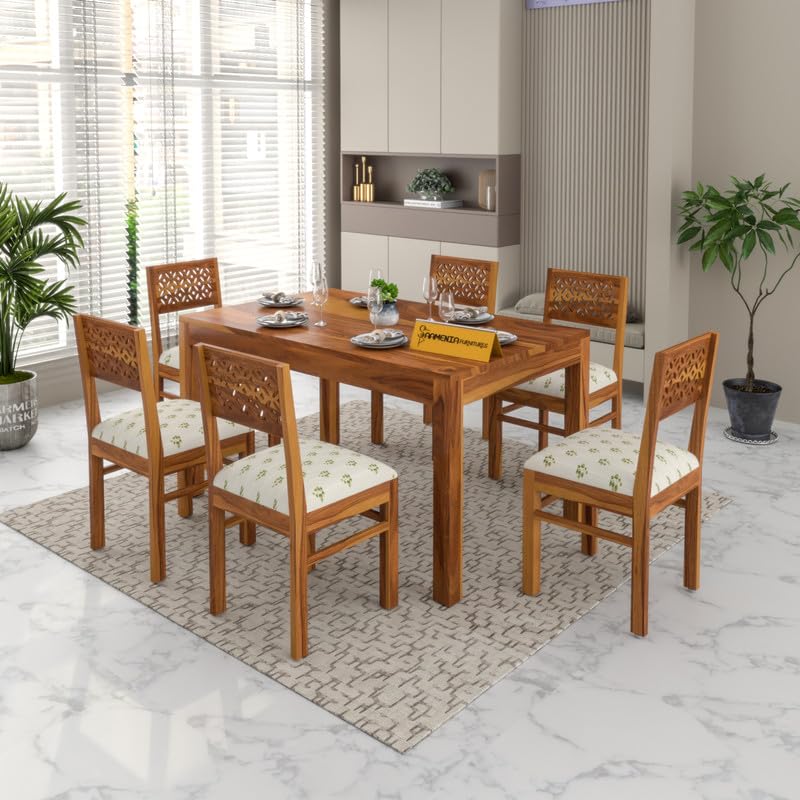 Image of Solid Sheesham Wood 6 Seater Dining Table Set with Chairs for Dining Room | Living Room | Home & Office | Hotels Restaurant & Cafe (6 Seater, Honey Finish)
