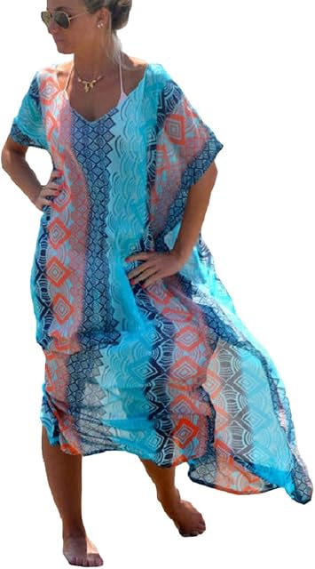 Bsubseach Women Plaid Short Sleeve Swimsuit Cover Up Sexy Deep V Neck Side Slit Beach Long Dress
