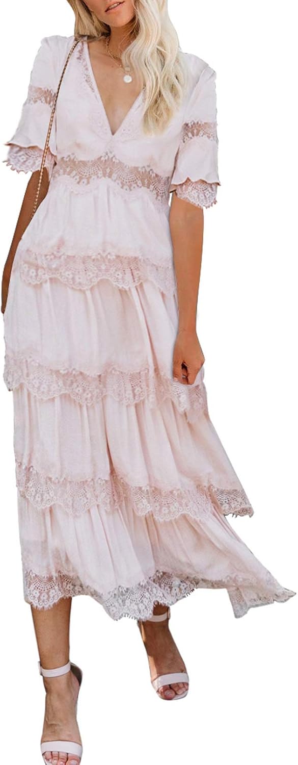 BLENCOT Womens Casual Boho Floral Lace V Neck Long Evening Dress Cocktail Party Maxi Wedding Dresses : Clothing, Shoes & Jewelry