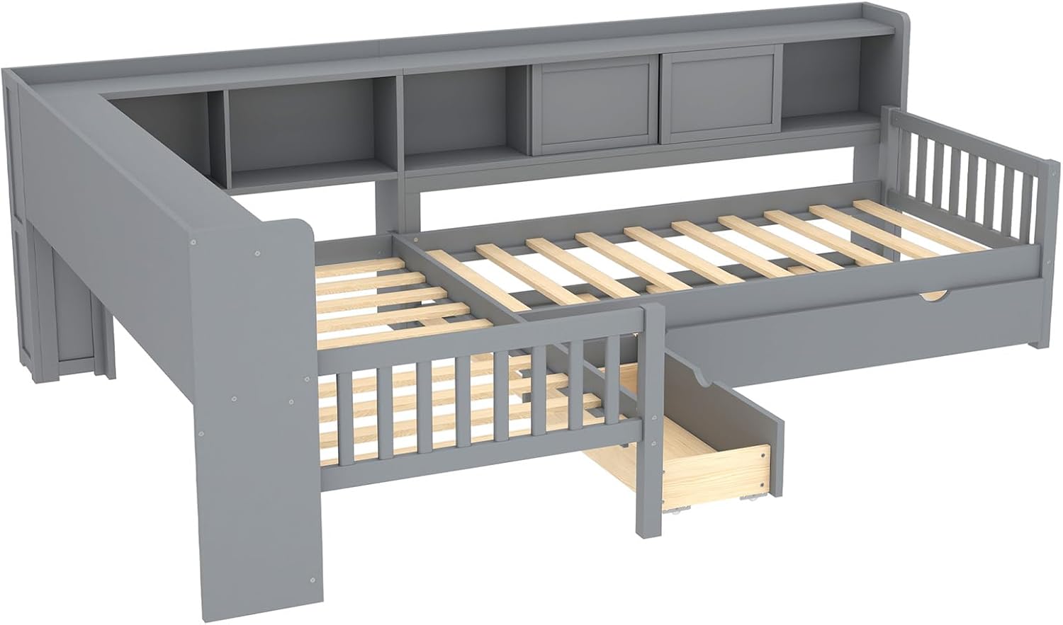 Twin Size L-Shaped Platform Bed Frame with Trundle, Solid Wood Daybed with Drawers & Open Shelves, Twin Corner Bed for Kids Boys Girls, No Box Spring Needed (Gray)