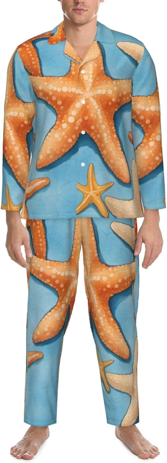 Blue Background Starfish Print Luxurious Mens Pajamas Set,Soft Breathable Pajamas, Perfect For Winter Christmas