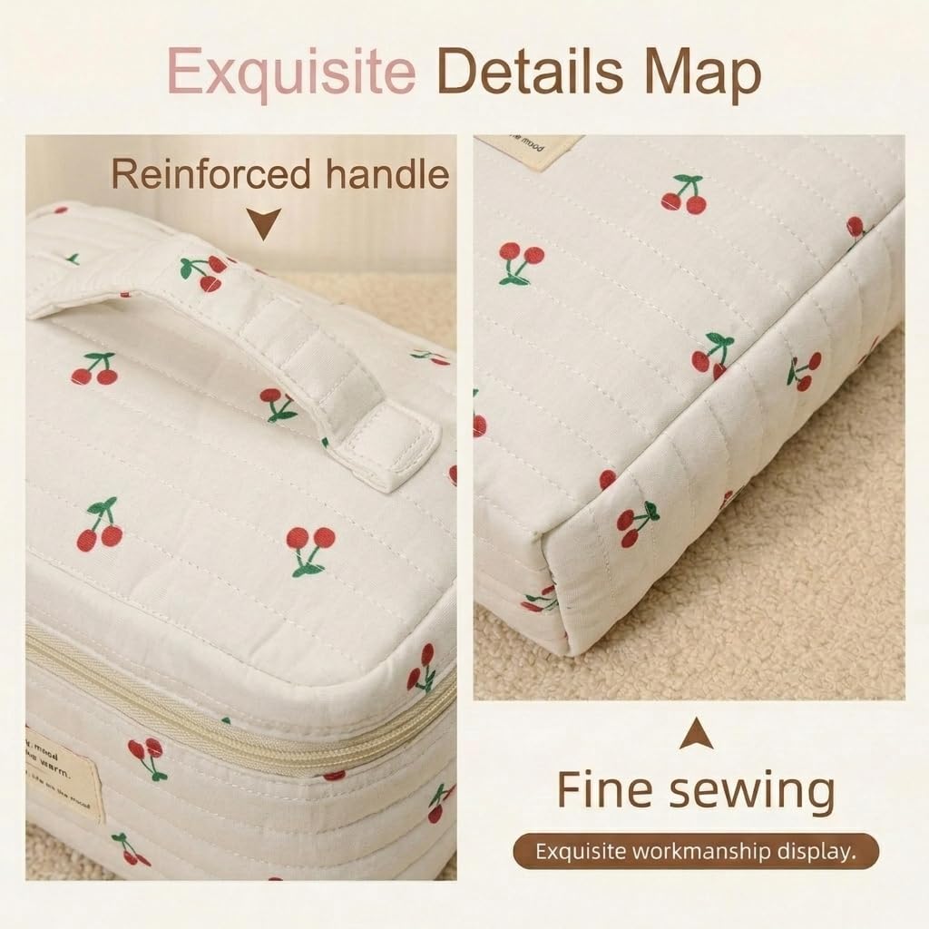 Makeup Bag Set, Quilted Makeup Bag 3PCS Cotton Cosmetic Bag Travel Makeup Bag Toiletry Bag for Women, Portable Make Up Bag Organizer, Gift for Her, Cherry