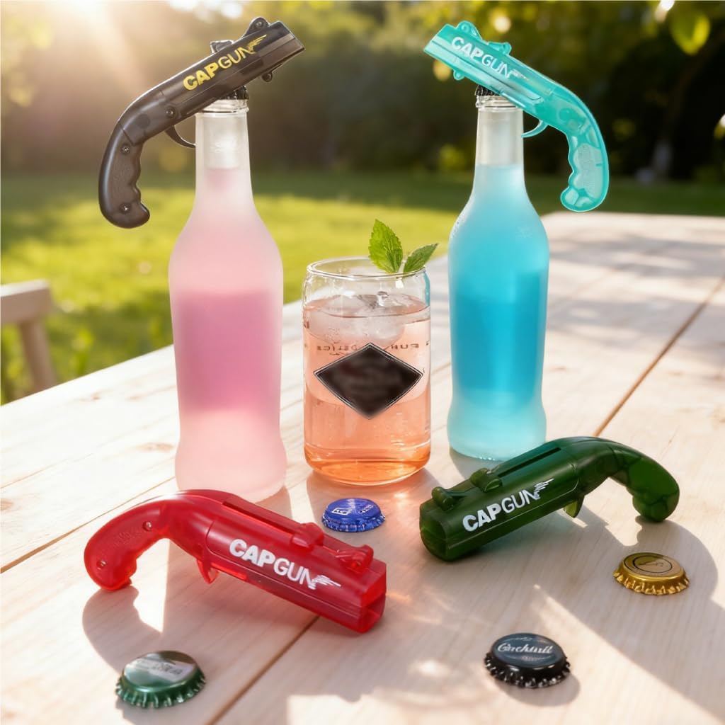 Clear Frosted Bottle Cap Shooter Gun – Fun Bottle Opener Tool that Launches Caps for Parties, BBQs, and Bar Games (2PC Black)