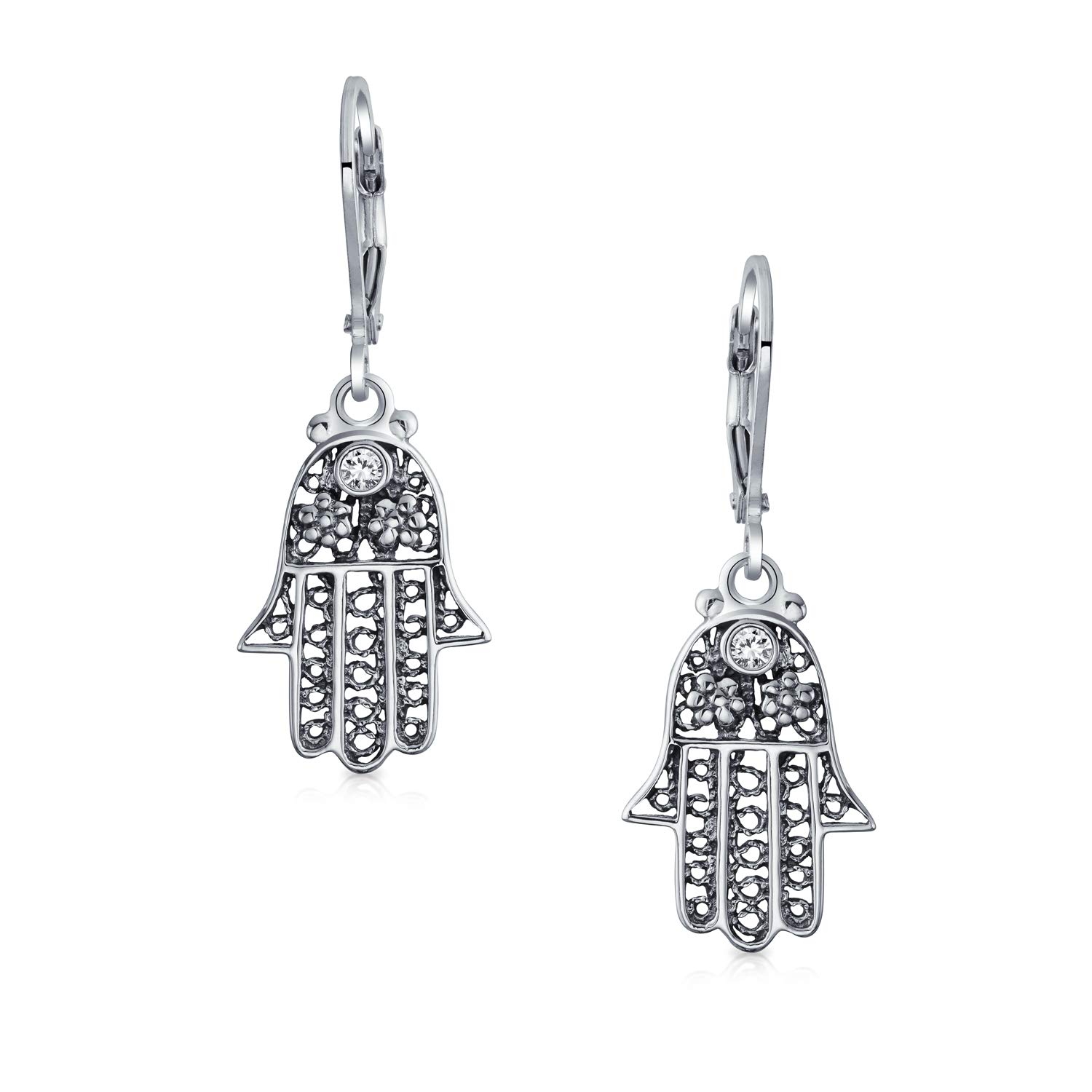 Bling Jewelry Amuleto Talismano Hamsa Mano Di Dio Orecchini Pendenti Goccia In Filigrana Floreale Per Donne Per Adolescenti Argento 925 Ossidato A Tracolla