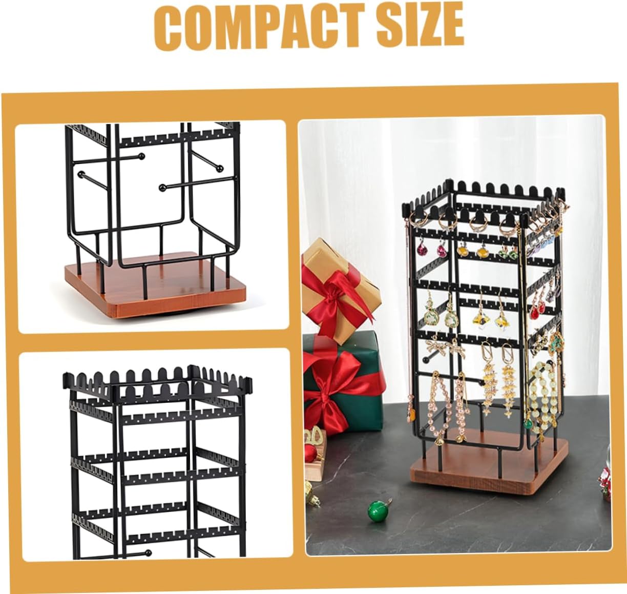Vintage Solid Wood Rotatable Jewelry Organizer Stand with Four Sided Metal Display Stable Base Earring Holder and Necklace Rack for Vanity Store and Home Use