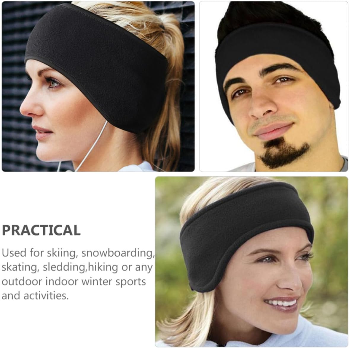 2pcs Unisex Winter Ear Warmers Headbands Lightweight Stretchy Polyester Ear Muff Hairbands for Outdoor Sledding and Indoor Use Black