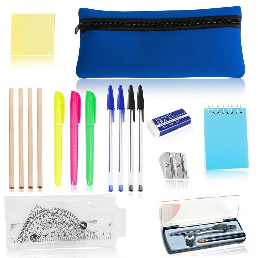 Haoyic GCSE 17 Pcs Stationery Set, Blue School Pencil Case with Stationery Set Included, Back to School Pencil Case Sets for Secondary and High, Office, Mathematical Sets