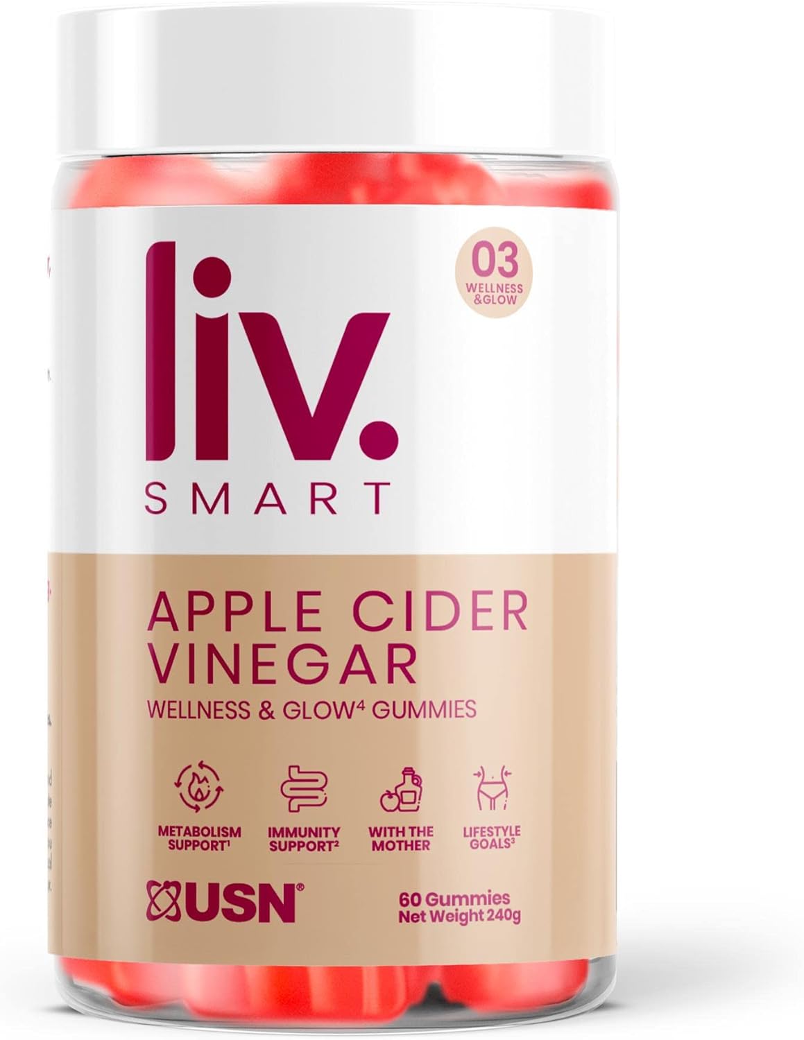 Apple Cider Vinegar Gummies (60 Count) from Liv.Smart by Usn — Vegan Friendly Acv Gummies with ‘The Mother’— Fights Fatigue with Vitamin B12 and Folic Acid Complex