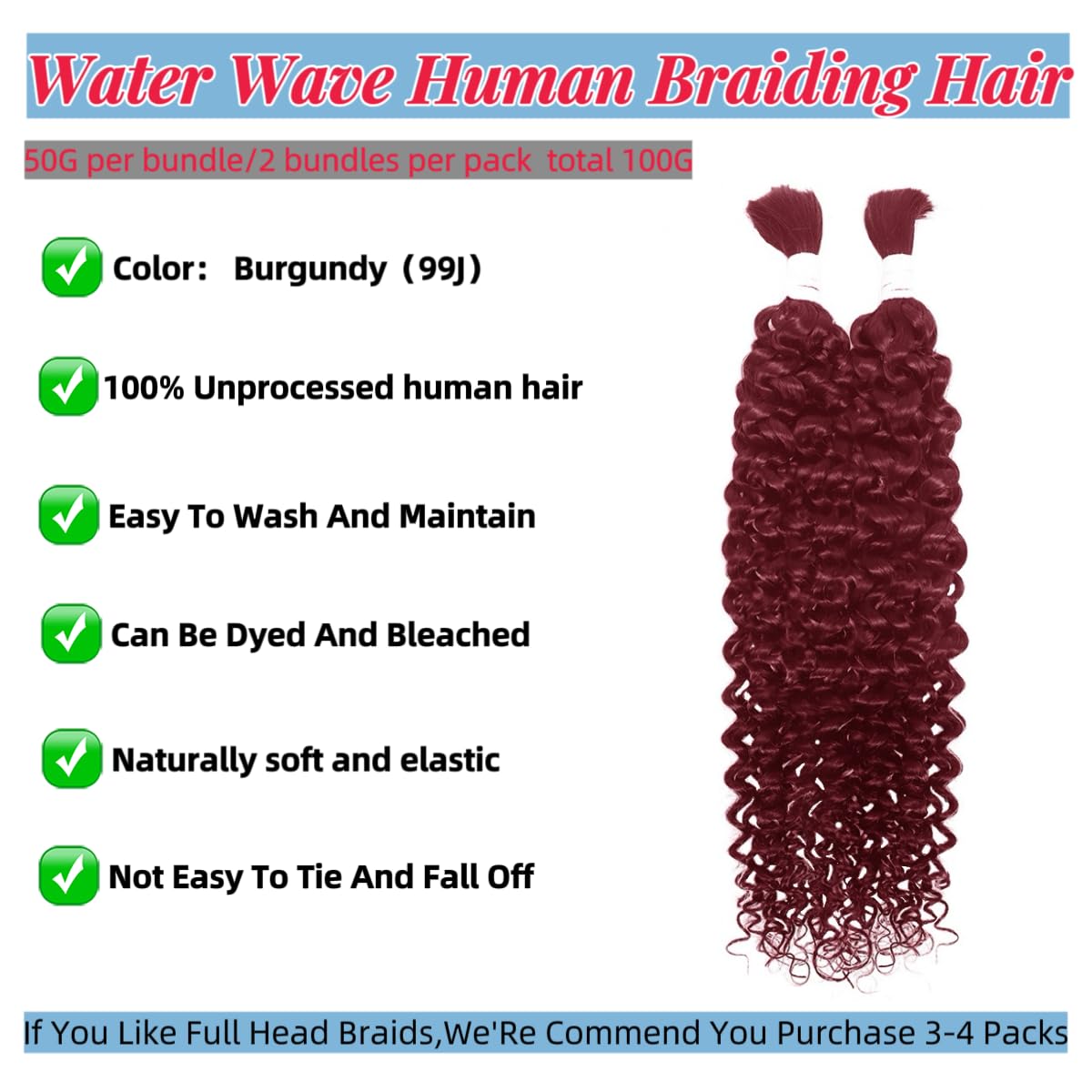 99J Human Braiding Hair Water Wave Bulk Human Hair for Braiding Bohemian Knotless 2 Bundles 100g 16inch No Weft 10A Brazilian Virgin Human Hair Extensions Curly Bulk Human Hair for Boho Braids