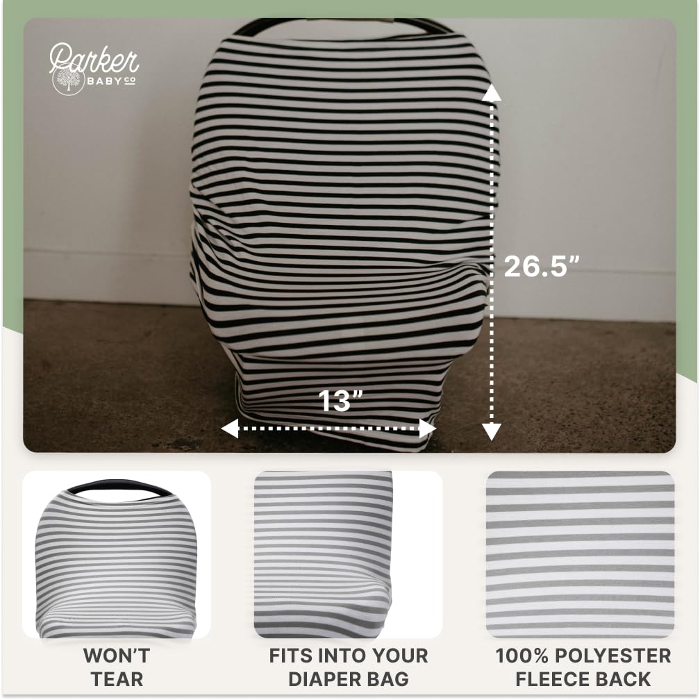 Parker Baby 4 in 1 Car Seat Cover for Girls and Boys - Stretchy Carseat Canopy, Nursing Cover, Grocery Cart Cover, High Chair Cover - Gray/White Stripes