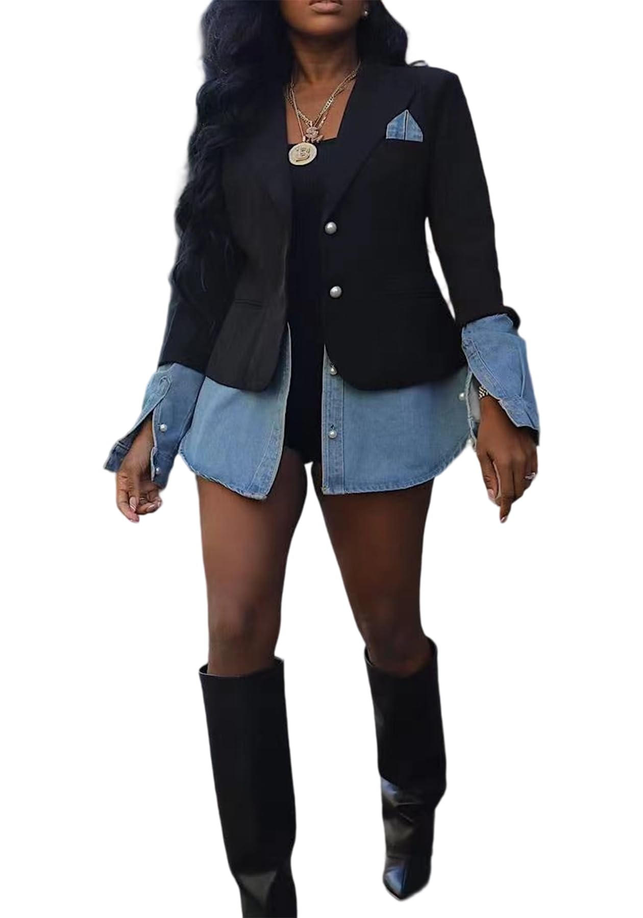 DINGANG Blazer Denim Jacket for Women Office Casual Long Sleeve Open Front Patchwork Jackets Coat