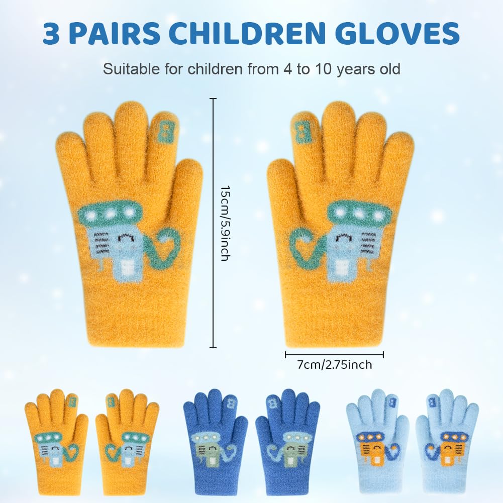 Gants Hiver Enfant 3 Paires Mitaines Tricot Extensibles Colorés Chauds 4-10 Ans Garçons