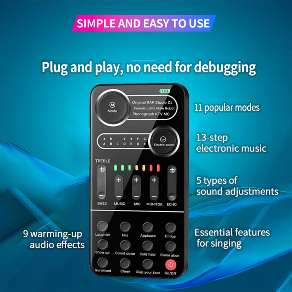 Luocute Tarjeta de Sonido en Vivo Portátil Profesional 11 Modos 9 Efectos de Sonido 13 Modos de Música Electrónica con Reducción Inteligente de Ruido para Teléfono Computadora Portátil
