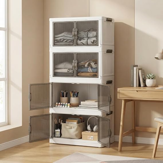 Deconox 4 Katlı Katlanabilir Portatif Dolap, Kapaklı Ayarlanabilir Plastik Çok Amaçlı Saklama Rafı, Banyo Mutfak ve Genç Odası İçin, 48,5 x 29,5 x 107,5 cm, Beyaz-Gri