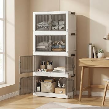 Deconox 4 Katlı Katlanabilir Portatif Dolap, Kapaklı Ayarlanabilir Plastik Çok Amaçlı Saklama Rafı, Banyo Mutfak ve Genç Odası İçin, 48,5 x 29,5 x 107,5 cm, Beyaz-Gri