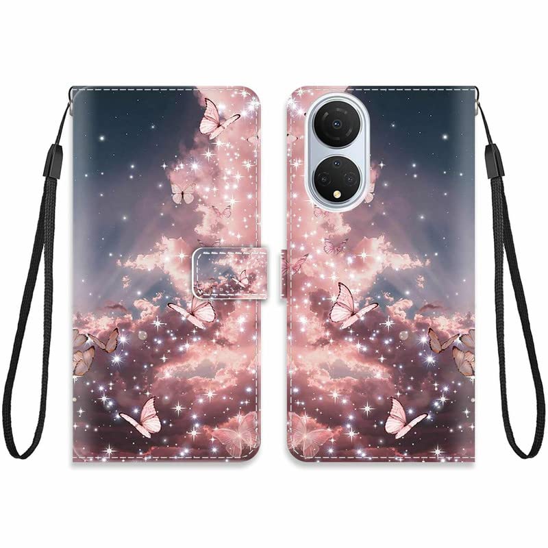 MOJIA Custodia Honor X7 Con Portafoglio E Farfalla - Flip Cover In Pelle Con Slot Porta Carte E Supporto, Rosa