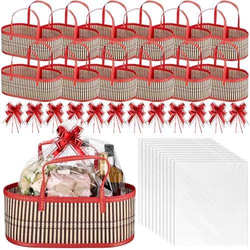 Image of Reallnaive 12 Sets Empty Baskets for Gift to Fill Large Woven Basket for Back to School DIY Birthday Party Empty Gift 15.75 x 7.87 x 6.3 Inch, Bows and Cellophane Wrap Bags