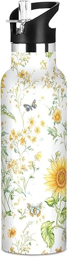 Miniatura 20 de Botella de agua aislada con pajilla, doble pared aislada al vacío, ligera para deportes, viajes y escuela, color amarillo lavanda único