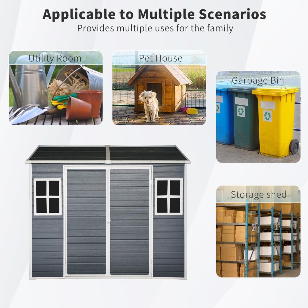 8 x 6ft Resin Outdoor Storage Shed Waterproof Shed with Floor & Two Windows & Lockable Door, Tool Shed for Garden, Patio, Backyard,Black (Black + Polypropylene)
