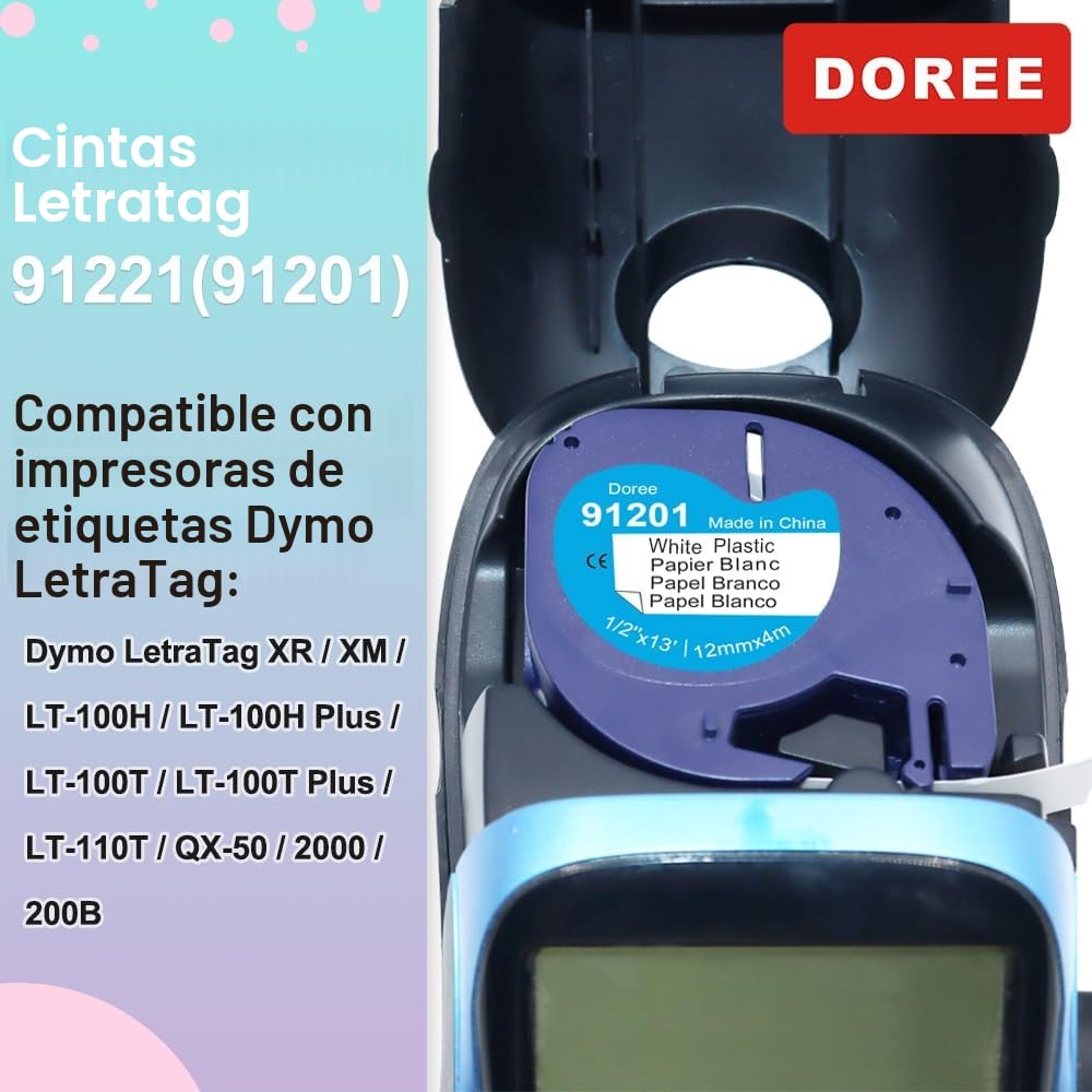 Cinta blanca plástica Dymo Letratag 91221 12 mm x 4 m negro sobre blanco 6 unidades