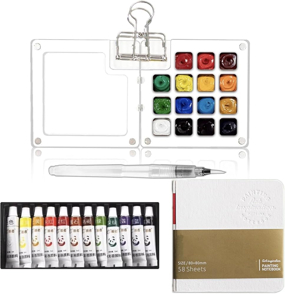 Mini-Reise-Aquarell-Set, Taschenkünstler, Aquarell-Reiseset, Gitterpalette, Skizzenbuch mit Binder-Clips, Kunstmalerei-Set für Maler, Künstler, Studenten