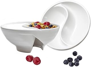 Never Soggy Cereal Bowl. White x2. Divided. Cereal Bowl Separated. Unbreakable Melamine. Two sided bowl. Anti Soggy. Separate. Ideal for Snack And Salsa