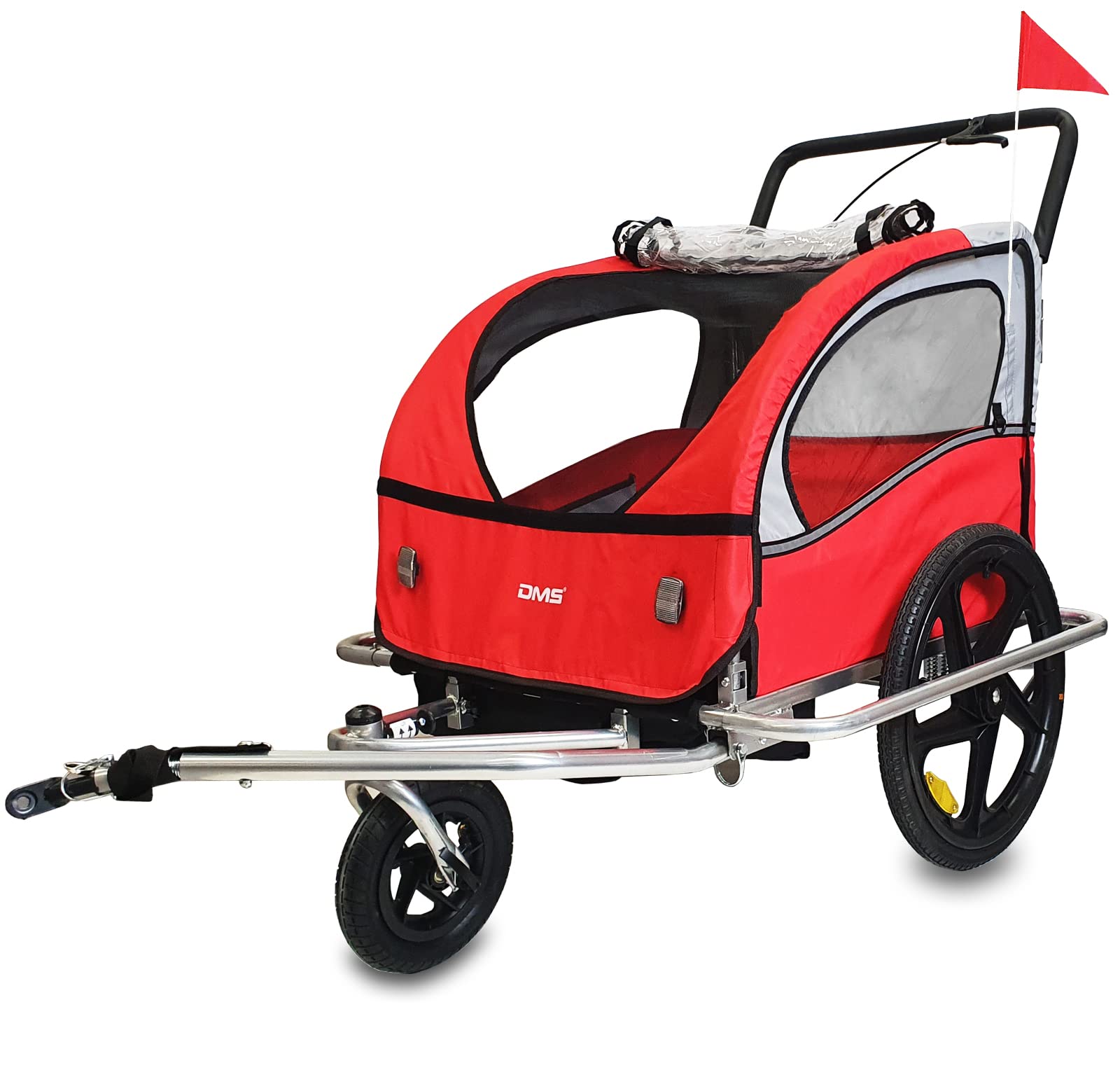 DMS® przyczepa rowerowa 2 w 1, przyczepka rowerowa dla 2 dzieci, 5-punktowy pas bezpieczeństwa, osłona koła FH-02 (kolor czerwony)