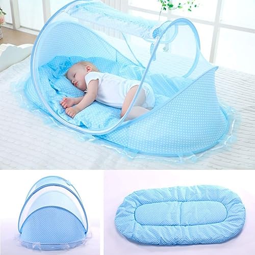 Miniatura 4 de Cama de bebé plegable portátil Red de poliéster Cama de dormir para recién nacidos, tela para fácil (azul cielo, verde)
