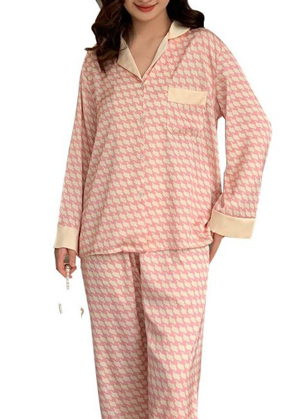 Ensembles De Pyjama Femme,Pink Lapel Square Print Long Sleeve Sleepwear Set Femmes Deux Pièces Pyjamas Soft Classic Casual Loungewear Festival Cadeau pour Soeurs Épouse Petite Amie Maman