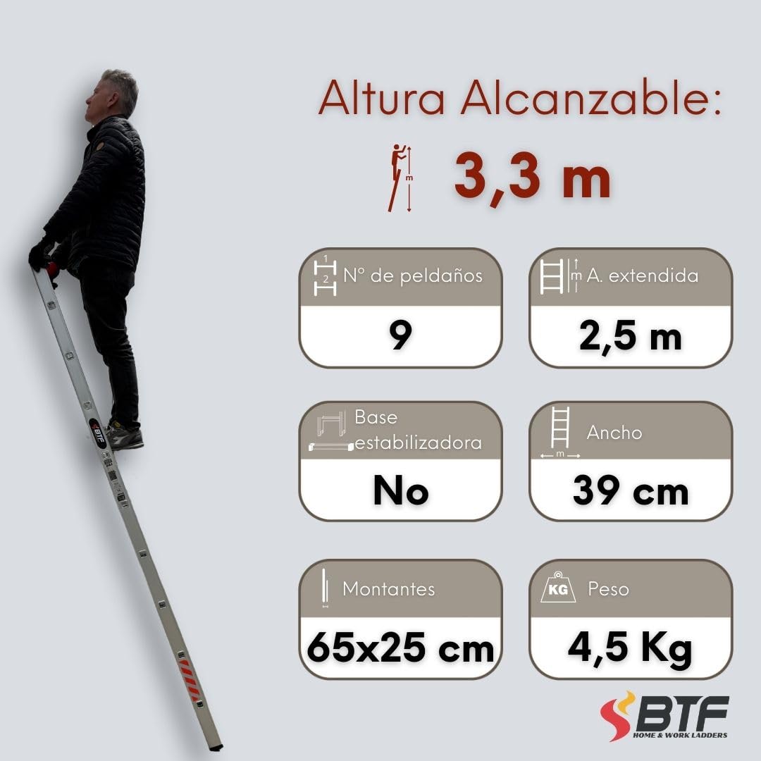 BTF Escalera de Apoyo en Aluminio - Escalera Simple 9 Peldaños, 2,5m, 1 Tramo, Ligera y Resistente, Certificada Carga Máx. 150 kg, Ideal para Obra y Hogar, Norma EN131.