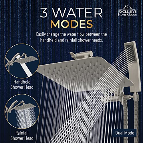 All Metal Shower Head 8" Dual Square Shower Head With Handheld Wand 71In Hose Set, High Pressure Rain Shower Heads Combo, 3-Way Diverter Rainfall Showerhead With Adjustable Extension Arm #TOP5