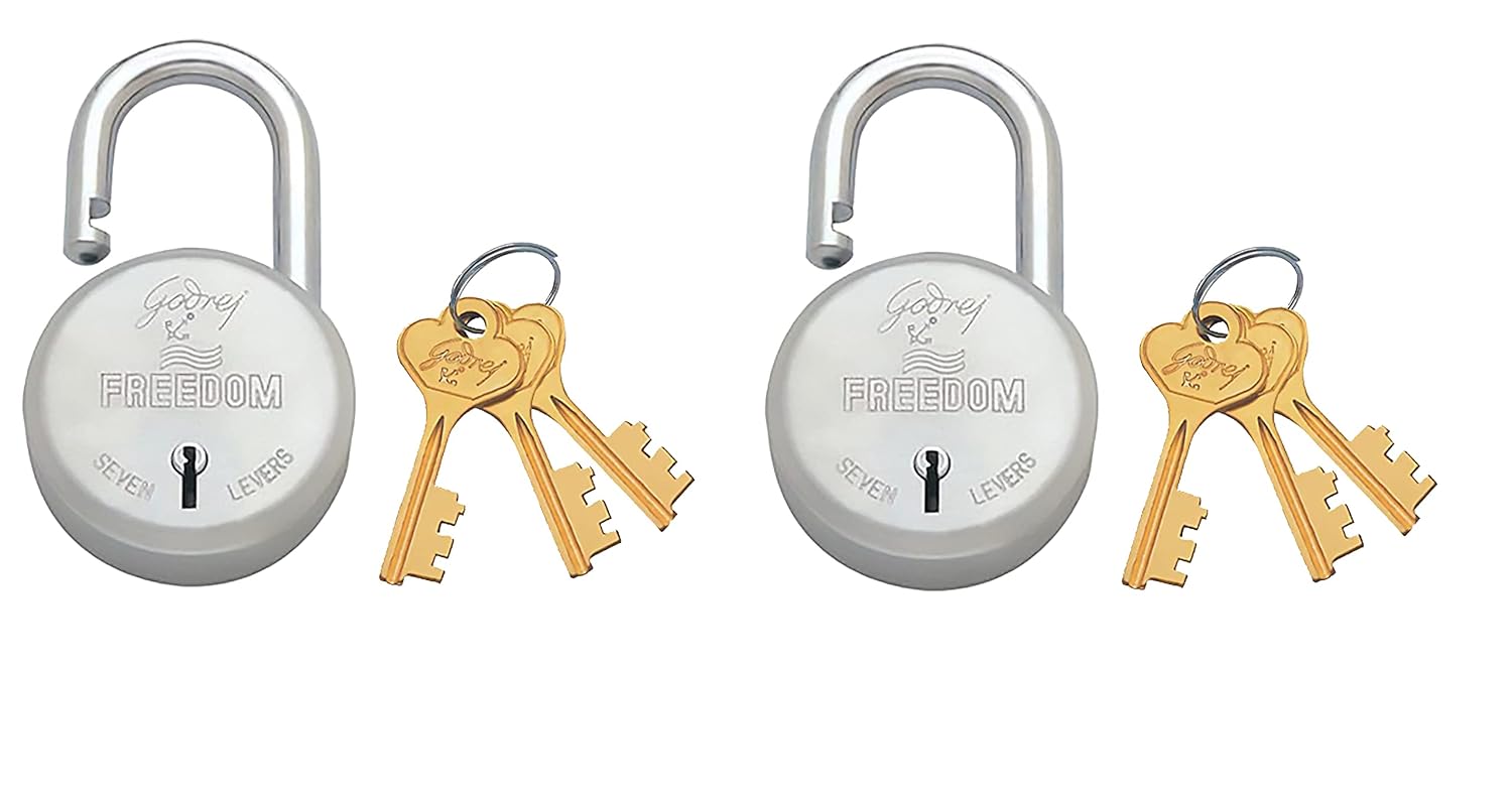 Godrej Locks I Freedom 7 levers 63 mm I 3 Keys I Padlock for Main Door I Gate Lock Tool Box, Shutters, Shops & Offices I Strong Hardended Corression Resistant Shackle I Silver Finish (Pack of 2)