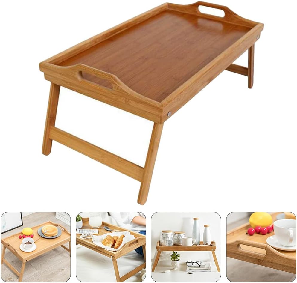 Hemoton Bamboo Lap Desk Bedside Folding Tray Laptop Table Breakfast Serving Reading Safe Material Easy Storage