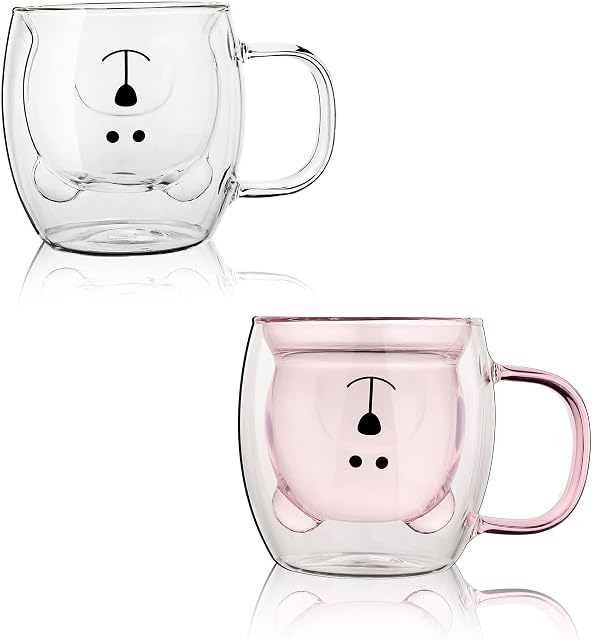 Cute Bear Mugs Set of 2 Cute Bear Tea Cup 8.5 oz Double Wall Glass Milk Coffee Bear Mug with Handle Insulated Espresso Beer Cup Cute Birthday Gifts for Women Men Valentine's Day (2 Pack, White Pink)