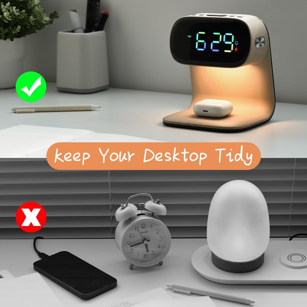 WILIT Digital Alarm Clock with Wireless Charging for Bedroom,Colorful LED Display,Dimmable Night Light with Snooze Function,Modern Bedsides Lamp Clock for Bedroom,Kids,Teens,Gift for Men, Women(Wood)