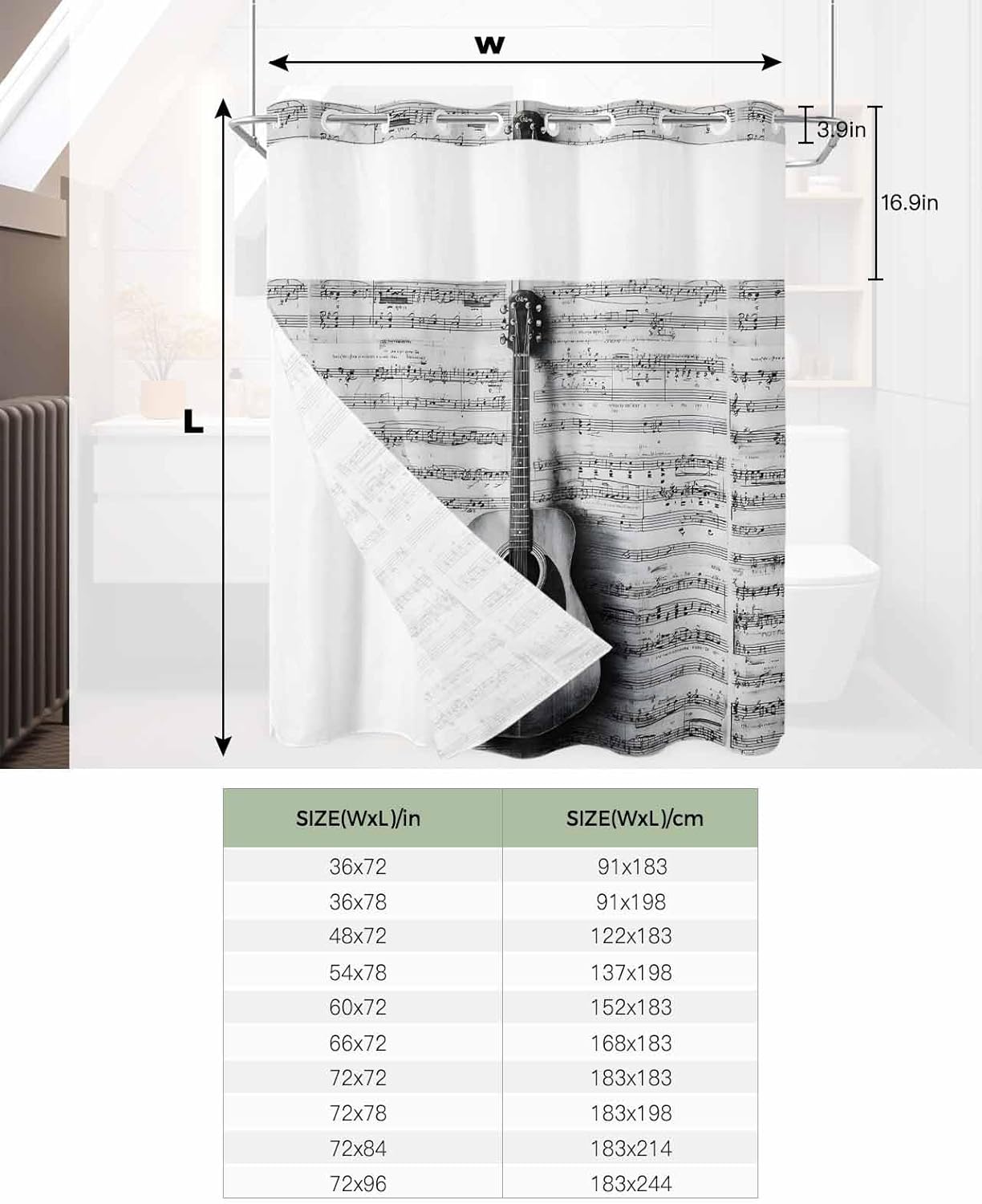 No Hook Shower Curtain and Snap in Liner Set, Black Grey Guitar Fabric Bathroom Shower Curtains 72x78 Inch, See Through Mesh Top Window, Vintage Musical Guitar Sheet Abstract Hotel Style, Waterproof