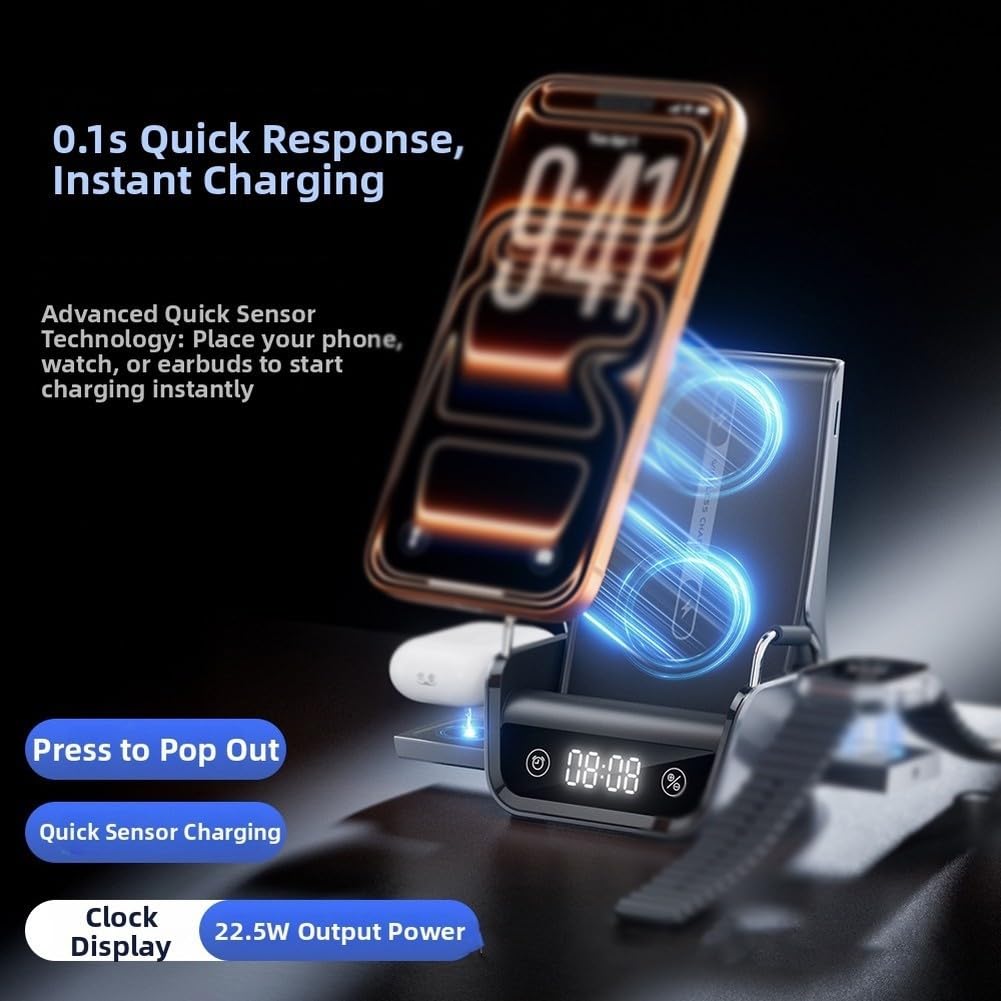 Stazione di Ricarica Wireless, 15 W, Caricabatterie da Tavolo Veloce, Supporto Nero con Display per Orologio, per smartwatch, Telefono, Uso Quotidiano in Ufficio