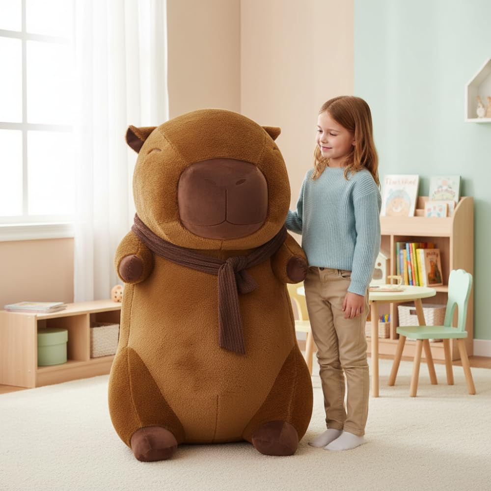 Capybara Peluche XXL 100 cm – Gran Peluche Suave Kapibara 3 en 1 cojín y decoración – Gigante para niños y Adultos (Capybara con Bufanda)