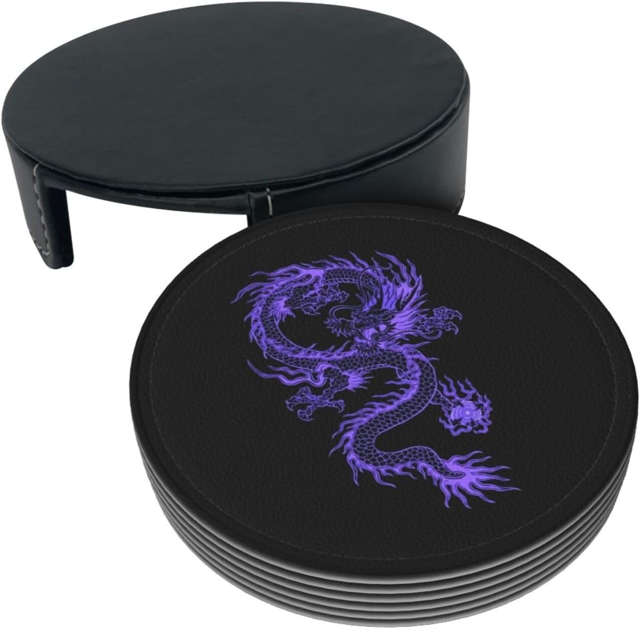 6 Pack Red Dragon Drink Coaster with Holder Leather Coasters for Coffee Table Kitchen & Office Table