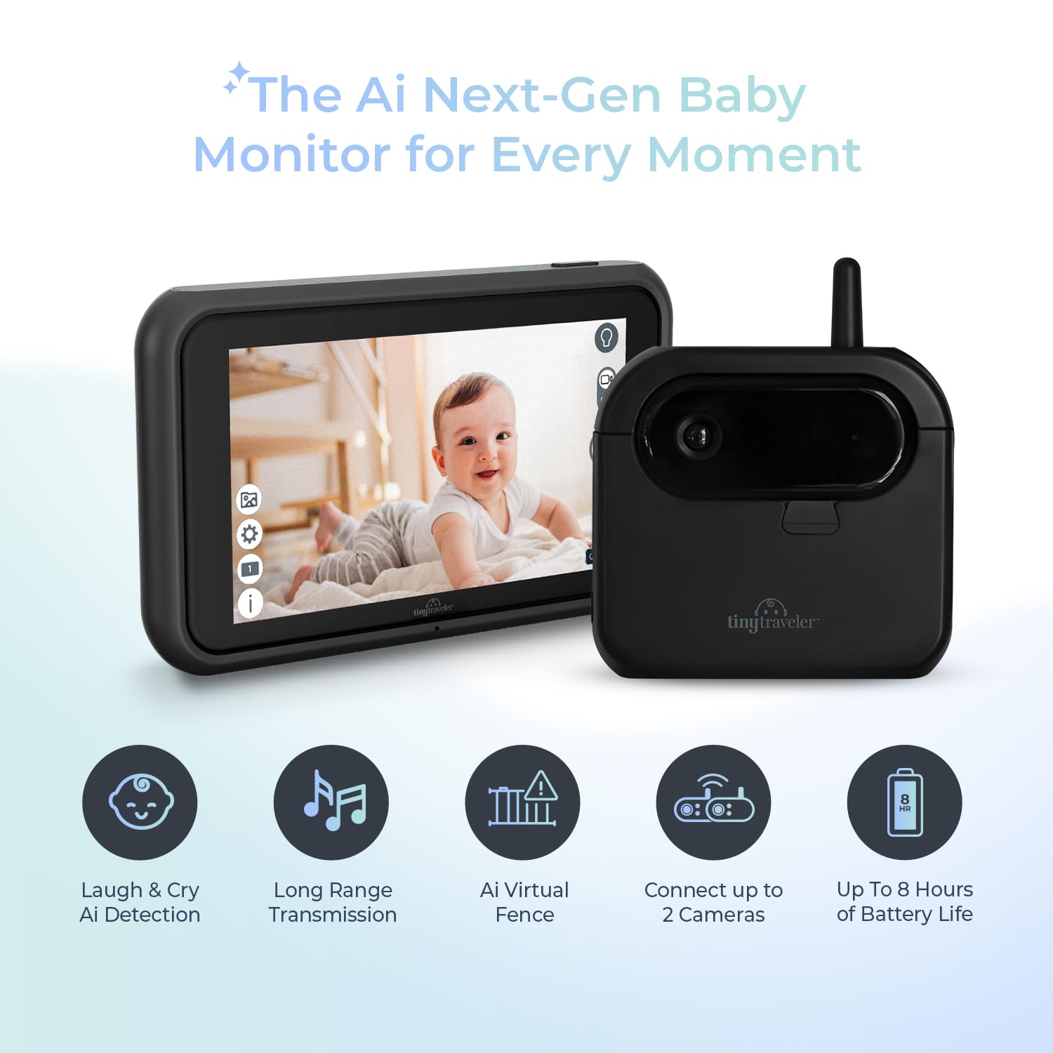 Tiny Traveler Monitor de bebé bebés AI 1080P de 5 pulgadas con cargador portátil, color negro