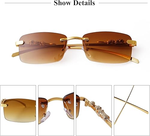 Vista 6 de Lentes de sol rectangulares sin montura vintage para mujeres y hombres, de metal dorado, sin marco, cuadradas, transparentes